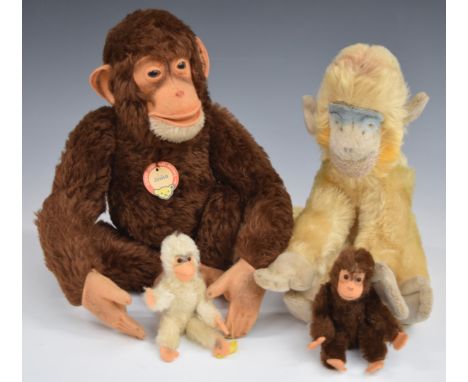 Four Steiff Teddy bears in the form of monkeys including Jacko, all with original labels or tags, largest 30cm tall.&nbsp;