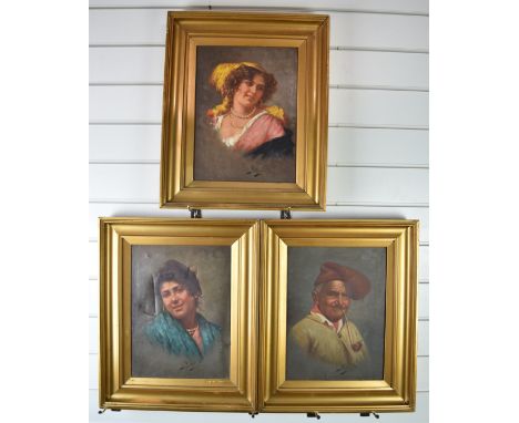 A&nbsp;Petrocelli (19thC Italian) set of three portraits, two of young women, the other of an elderly gentleman smoking a pip
