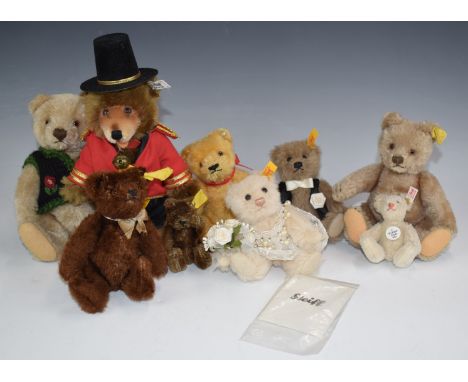 Nine Steiff Teddy bears including Circus Ring Master, Original and Steiff Club 2001, some limited edition, all with original 