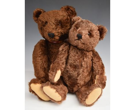 Two Steiff style Teddy bears each with growler, brown mohair, disc joints, straw or similar filling, felt pads and stitched f