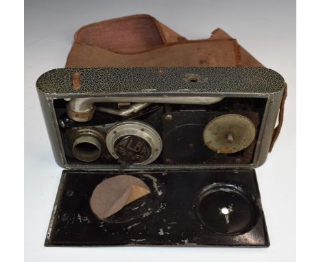 Excelda novelty portable gramophone in the form of a&nbsp;folding camera, with Alba soudbox, in fabric carry case