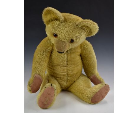 Chad Valley Teddy Bear with squeaker, blonde mohair, shaved snout, soft filling, disc joints, felt pads, stitched features an