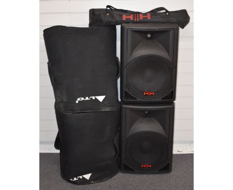 A pair of HH TRE-112A 'active' PA speakers, 500W Class D power amplifiers driving the woofers, with separate 50W Class A/B am