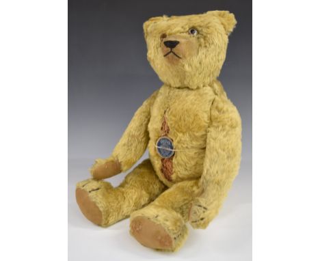 Chad Valley Grunter Teddy Bear&nbsp;with squeaker, blonde mohair, shaved snout, straw filling, disc joints, cloth pads and st