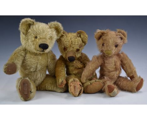 Three Chad Valley Teddy bears two with squeaker, all with blonde mohair, soft filling, disc joints, felt pads, stitched featu