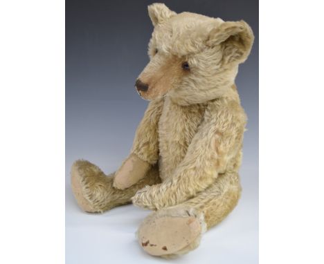 Steiff or similar Teddy bear with growler, blonde mohair, shaved snout, straw filling, disc joints and stitched features, 60c