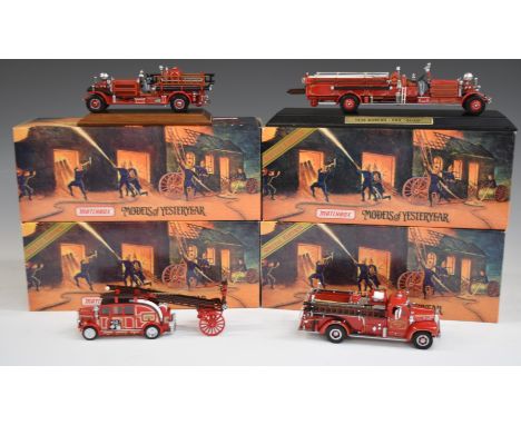 Four Matchbox Models of Yesteryear Fire Engine Series diecast vehicles comprising 1927 Ahrens-Fox, 1930 Ahrens-Fox, 1936 Leyl