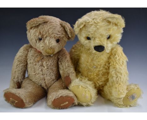 Two&nbsp;Chad Valley Teddy bears one with squeaker, blonde mohair, soft filling, disc joints, yellow felt pads, stitched feat