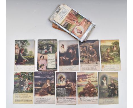 Collection of military WW1 Bamforth postcards, mostly in sets, Waterloo panorama, unusual Scotch Fish Girls 'Scarboro' card e