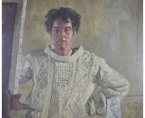 Peter John Garrard (1929-2004) oil on canvas 'The Sweater' portrait of a gentleman in the studio with ghostly figures to lowe
