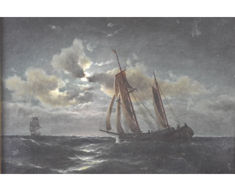 Carl Ludwig Bille (German, 1815-1898) oil on canvas sailing ships in a moonlit seascape, signed and dated 1881 lower right, w