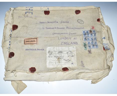 A superbly presented compete linen parcel wrapper (open on three sides) sent on 12/4/1920 from Reiss &amp; Co, Tientsin, Chin