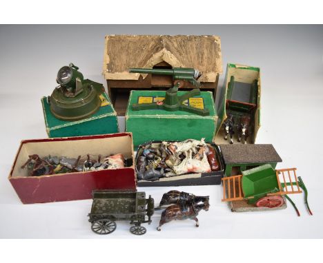 A collection of Britains and similar lead model farm and military vehicles, figures and accessories including Astra Anti-Airc