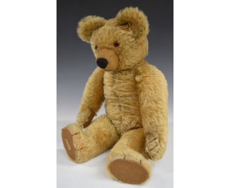 Chad Valley Teddy Bear with squeaker, blonde mohair, shaved snout, soft filling, disc joints, felt pads, stitched features an