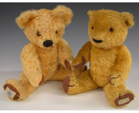 Two Chad Valley Teddy bears one with growler the other with squeaker, both with golden mohair, soft filling, disc joints, fel