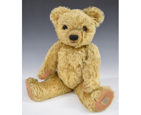 Chad Valley Teddy bear with blonde mohair, shaved snout, soft filling, disc joints, felt pads, stitched features and original