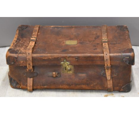 19thC vintage leather trunk with brass nameplate to lid, W92 x D52 x H32cm