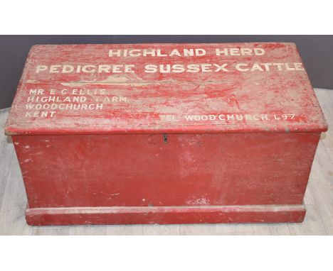 Twin handled painted pine trunk with 'Highland Herd Pedigree Sussex cattle, Mr Cellis, Highland Farm, Woodchurch, Kent' stenc