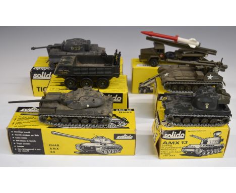 Six Solido diecast model military vehicles 201, 209, 214, 219, 22 and 223, all in original boxes.&nbsp;