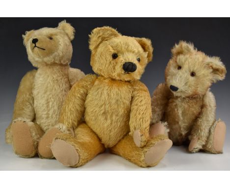 Three Chad Valley, Steiff or similar Teddy bears one with growler, tipped blonde mohair, disc joints, straw or similar fillin