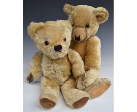 Two Chad Valley, Merrythought or similar Teddy bears, one with blonde mohair, shaved snout, disc joints, soft filling, velvet