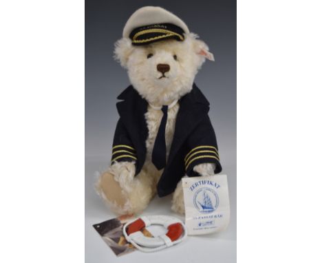 Steiff SS Passat Teddy bear with squeaker, white mohair, disc joints, cloth pads, stitched features, Naval outfit and origina