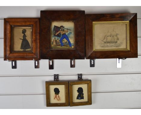 Three portrait miniature silhouettes comprising one of a girl holding foliage and two Naval interest examples, largest 22 x 1