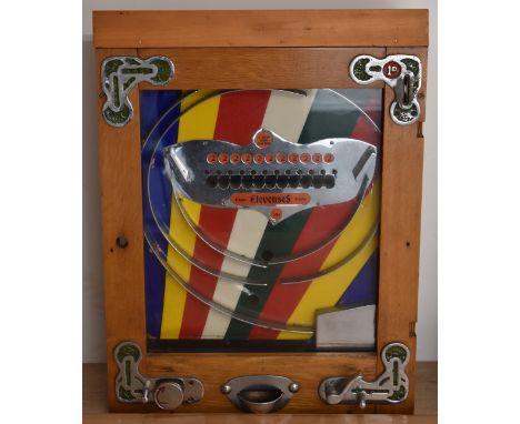 Bryans Elevenses penny slot arcade machine with wooden case and chrome fittings, 55x41cm.&nbsp;&nbsp;