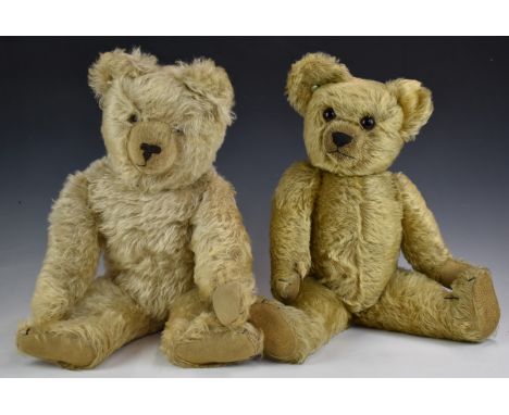 Two Chad Valley, Merrythought or similar Teddy bears both with blonde mohair, shaved snouts, disc joints, soft filling, felt 