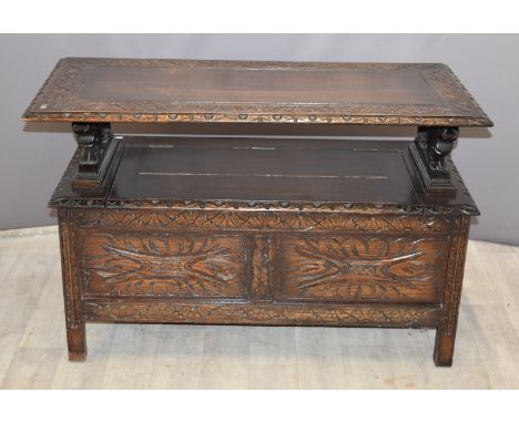 19thC carved oak monk’s bench, L104 x D49 x H95cm