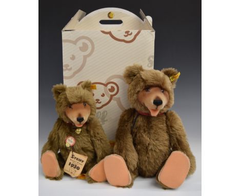 Two Steiff 1930 replica Teddy bears both with brown mohair, shaved snout, open mouth, disc joints, cloth pads, stitched featu