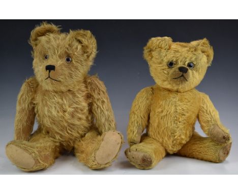 Two Chad Valley, Merrythought or similar Teddy bears one with golden mohair, shaved snout, disc joints, straw filling and sti