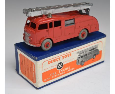 Dinky Toys diecast model Fire Engine With Extending Ladder, with red body and hubs, brown ladder and grey tyres, 555, in orig