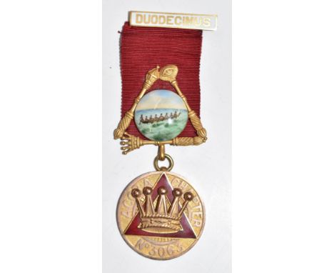 A 9ct gold Masonic Accra Chapter No 3063 jewel or medal with enamel decoration, weight 36g all in