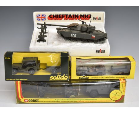 Four Corgi, Polistil and Solido diecast model military vehicles Chieftain Tank Mk3 102, Quad Tractor Trailer and Gun 909, Jee