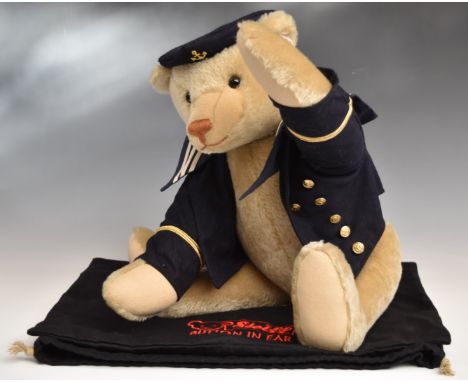 Steiff Captain 1910 Replica Teddy bear with blonde mohair, disc joints, cloth pads, stitched features, Naval outfit and origi