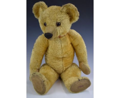 Chad Valley Teddy Bear with squeaker, golden mohair, shaved snout, soft filling, disc joints, felt pads, stitched features an