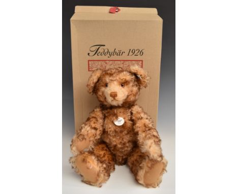 Steiff 1926 Replica Teddy bear with&nbsp;squeaker, brown tipped mohair, disc joints, cloth pads, stitched features and origin