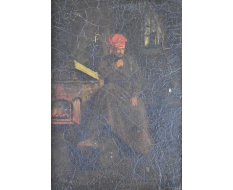 18th/19thC oil on panel man reading by a fire, 26 x 15cm, in gilt frame