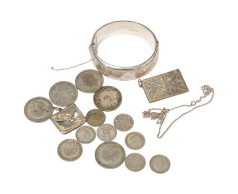 A collection of various silver, including a small quantity of pre-1947 silver coins, 2.5oz, a small silver briefcase design s
