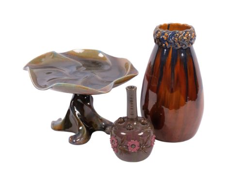 An Elton Ware pottery vase, a late 19th century Arts and Crafts drip glaze pottery tazza of propeller form, in the manner of 
