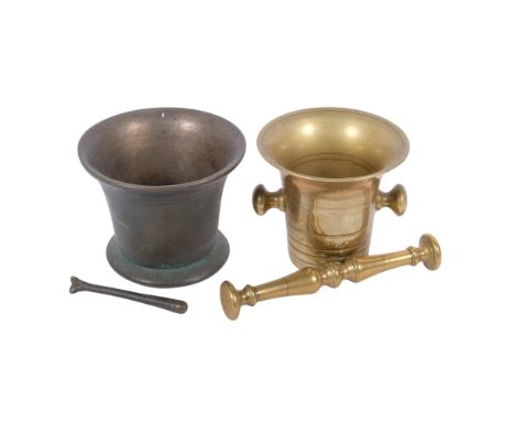 A bronze 2-handled pestle and mortar, H11cm, and a single mortar, no pestle, H10.5cm