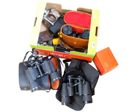 A box of miscellaneous binoculars, and a Western Filmspeed cine camera by Belle &amp; Howell (boxful)