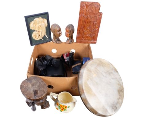 A tambourine, 41cm, binoculars, elephant figure stand, etc