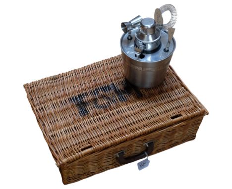 A wicker picnic hamper, marked F &amp; M, and a steel cocktail mixer set
