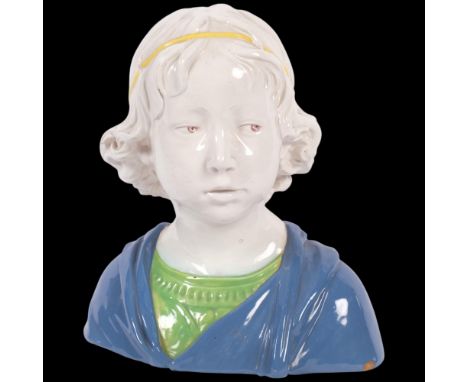 Cantagalli, an Italian Maiolica bust of a boy in Renaissance dress, after the sculpture by Andrea Della Robbia, with maker's 