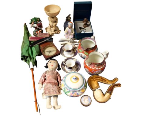 Cased compass, parasol, Eastern design doll, pair of Copelands China coffee cans and saucers, a nodding turbaned figure, and 