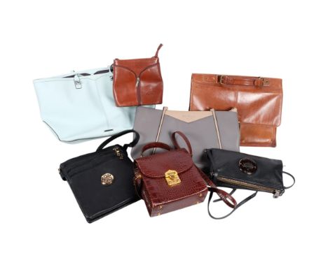 A Vintage leather briefcase with fitted interior and brass mounts, W36cm, and various handbags