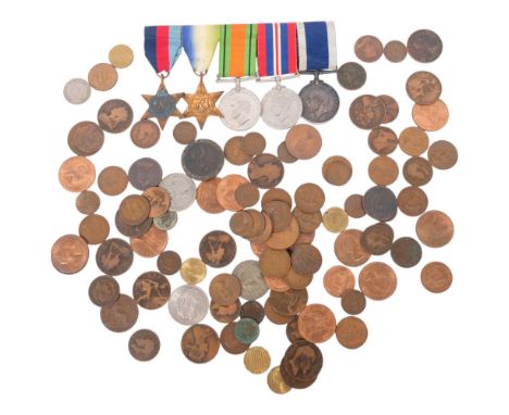 A collection of medals and Antique coins, to include a Georgian Naval Long Service and Good Conduct medal, a 1939 - 1945 Defe