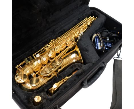 A brass alto saxophone, with fitted carrying case